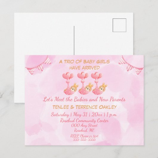 Triplet Baby Girls Pink Shower Invitation Postcard ポストカード (正面/裏面)