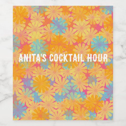 Trippy Hippie Psychedelic Retro Floral Design ワインラベル (シングルラベル)