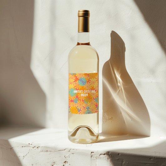 Trippy Hippie Psychedelic Retro Floral Design ワインラベル