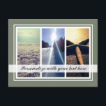 Triptych 3 photo collageテンプレート休日はがき シーズンポストカード<br><div class="desc">Triptych 3フォトコラージュテンプレート冬季はがき。自分の3枚の画像をアップロードしユニークて、メリークリスマスやその他の大事な行事用のカードを作成する。幸せな家族、孫、子供、友人、懇親会、収集、母とパパ、祖父母、夫と妻、花嫁と新婦、休暇の旅行、オフィスの同僚の写真を追加結婚。美しファンシーい縁どカスタムストライプの背景の色のパスパルトゥー。ieオリーブグリーン。スクリプトのタイポグラフィ文字用のスタイリッシュ透明オーバーレイを含む。</div>
