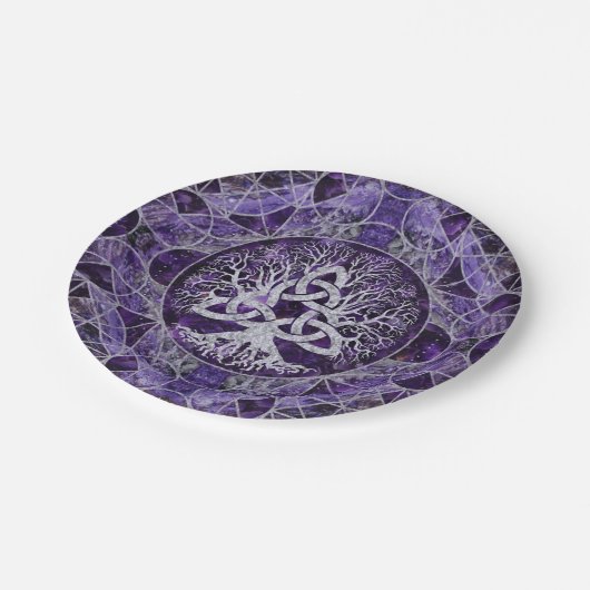 Triquetraのアメジストおよび銀との生命の樹 ペーパープレート (アングル)