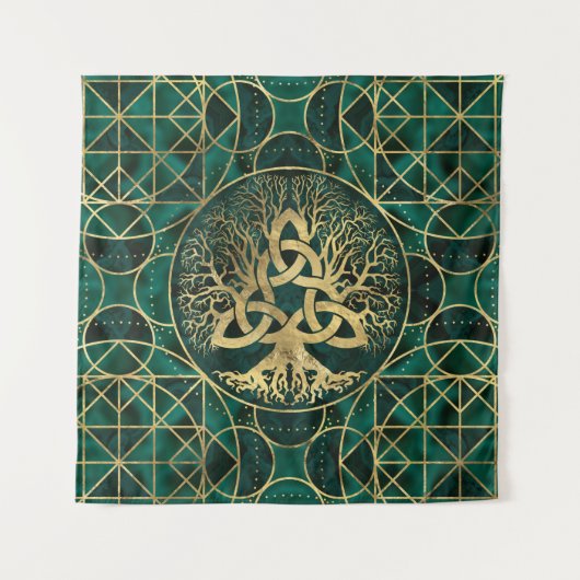 Triquetraのマラカイトおよび金ゴールドの生命の樹 タペストリー (正面)