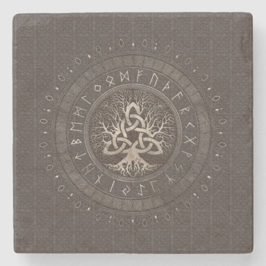 Triquetraブラウンの革および金ゴールドの生命の樹 ストーンコースター (正面)
