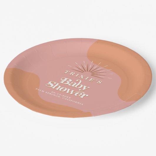 TRIXIEレトロ70のGroovyピンクオレンジ赤ちゃんシャワー ペーパープレート (アングル)