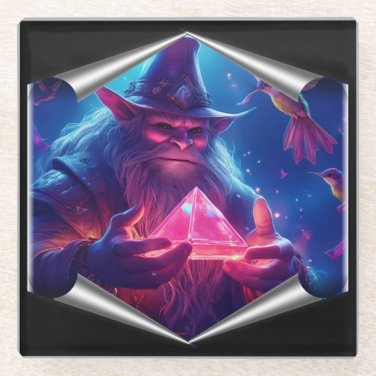 Troll With Glowing Glass Pyramid And Hummingbirds ガラスコースター (正面)