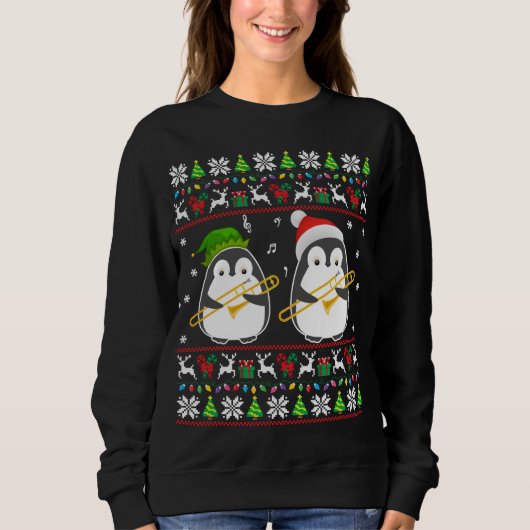 Trombone Ugly Christmas Sweater Elf Santa Penguin スウェットシャツ (正面)