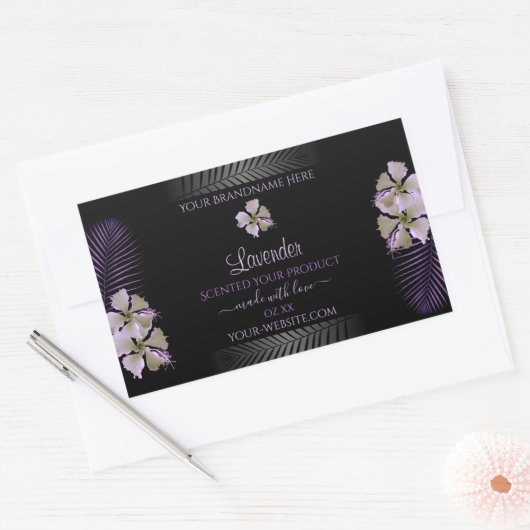Tropic Black Product Labels Purple Hawaii Flowers 長方形シール (封筒)