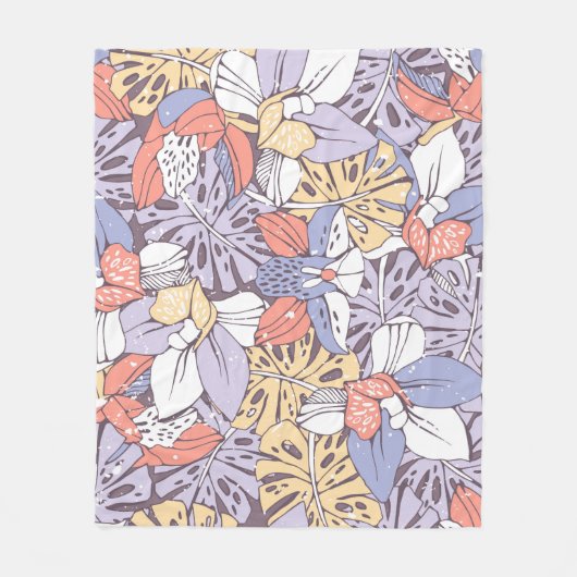 Tropic seamless pattern with orchid and monstera l フリースブランケット (正面)