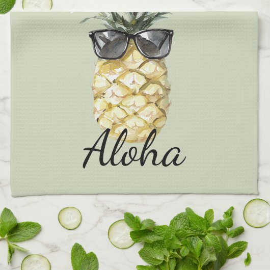 Tropical Aloha Pineapple with Sunglasses キッチンタオル (折り畳み)