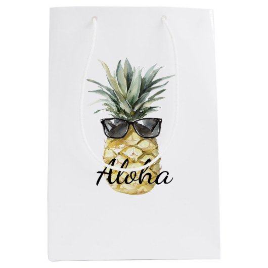 Tropical Aloha Pineapple with Sunglasses ミディアムペーパーバッグ (正面)