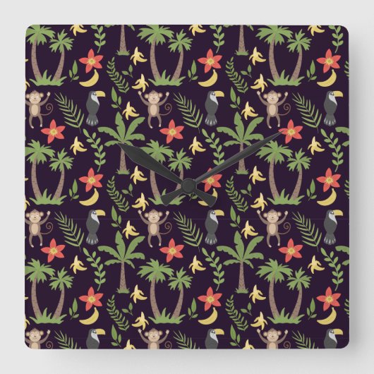 Tropical animals seamless pattern monkey & macaw スクエア壁時計 (正面)