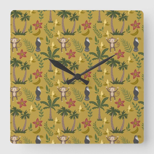 Tropical animals seamless pattern monkey , macaw スクエア壁時計 (正面)