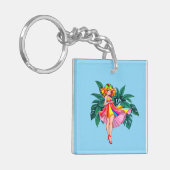 Tropical Anime Girl in Black Dress Square Acrylic  キーホルダー (正面左)