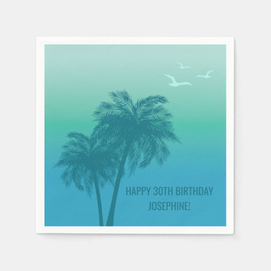 Tropical Aqua Blue Palm Trees Happy Birthday スタンダードカクテルナプキン (正面)