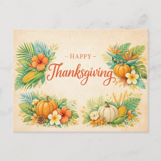 Tropical Autumn Thanksgiving Pumpkin Floral  シーズンポストカード (正面)