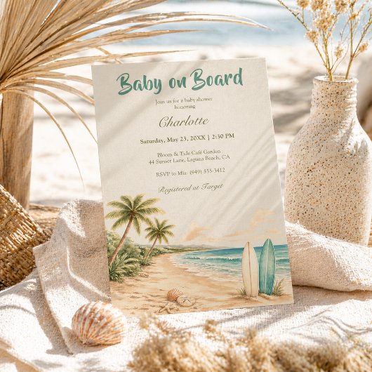Tropical Baby on Board Surfing Beach Baby Shower 招待状