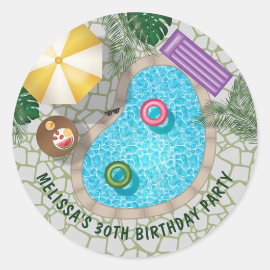 Tropical Backyard Pool Summer Pool Birthday Party ラウンドシール (正面)