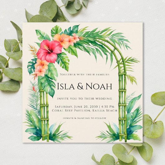Tropical Bamboo Arch Coastal Floral Wedding 招待状