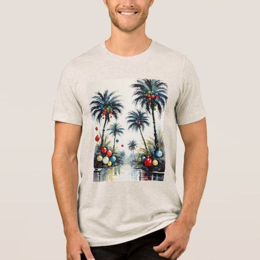 Tropical Beach Christmas Palm Trees With Ornaments トライブレンドTシャツ (正面)
