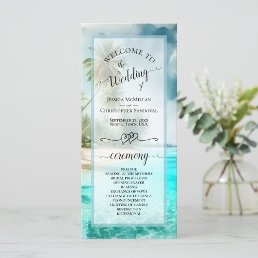 Tropical Beach Coastal Palm Trees Elegant Wedding プログラム (スタンド正面)