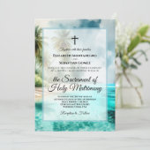Tropical Beach Coastal Watercolor Catholic Wedding 招待状 (スタンド正面)