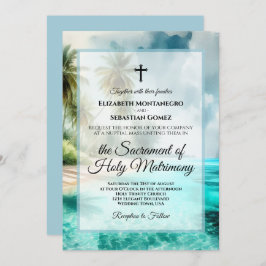 Tropical Beach Coastal Watercolor Catholic Wedding 招待状