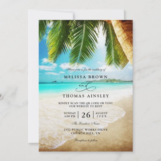 Tropical Beach Destination Chic QR Code Wedding 招待状 (正面)