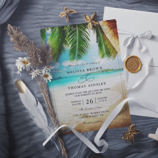 Tropical Beach Destination Chic QR Code Wedding 招待状