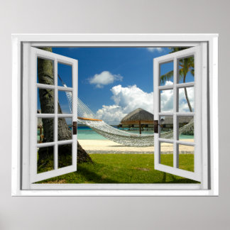 Tropical Beach Faux Artificial Window View ポスター