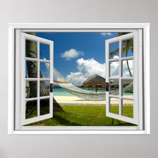 Tropical Beach Faux Artificial Window View ポスター (正面)