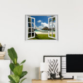 Tropical Beach Faux Artificial Window View ポスター (ホームオフィス)