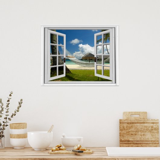 Tropical Beach Faux Artificial Window View ポスター (キッチン)