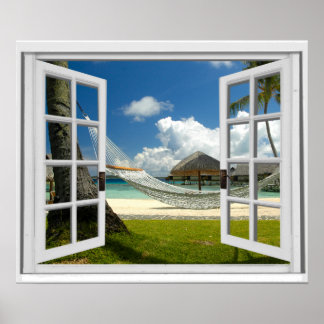 Tropical Beach Faux Artificial Window View ポスター