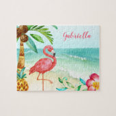 Tropical Beach Flamingo Personalized Kids ジグソーパズル (横)