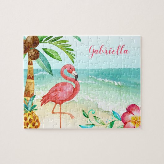 Tropical Beach Flamingo Personalized Kids ジグソーパズル (横)