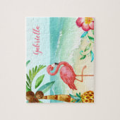 Tropical Beach Flamingo Personalized Kids ジグソーパズル (縦)