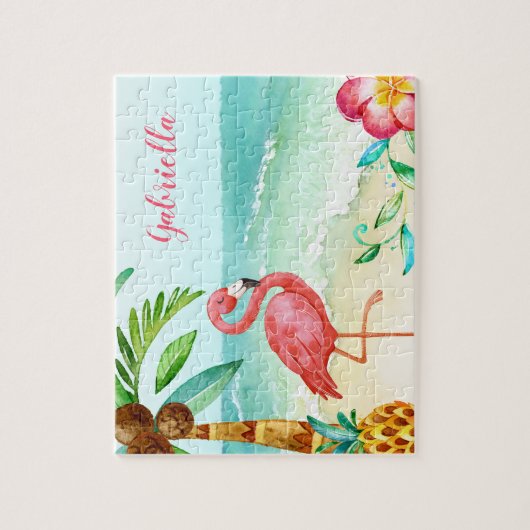 Tropical Beach Flamingo Personalized Kids ジグソーパズル (縦)