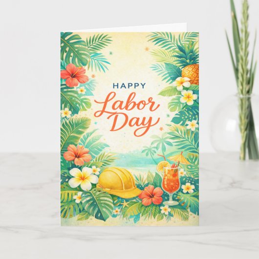 Tropical Beach Flowers Happy Labor Day カード (正面)