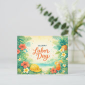 Tropical Beach Flowers Happy Labor Day シーズンポストカード (スタンド正面)