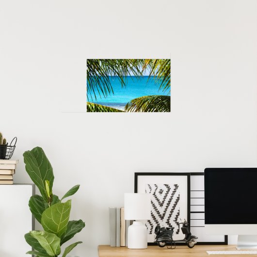 Tropical Beach framed with Palm Fronds ポスター (ホームオフィス)