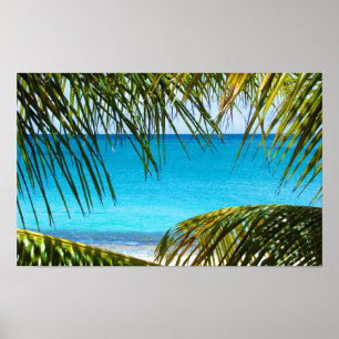 Tropical Beach framed with Palm Fronds ポスター