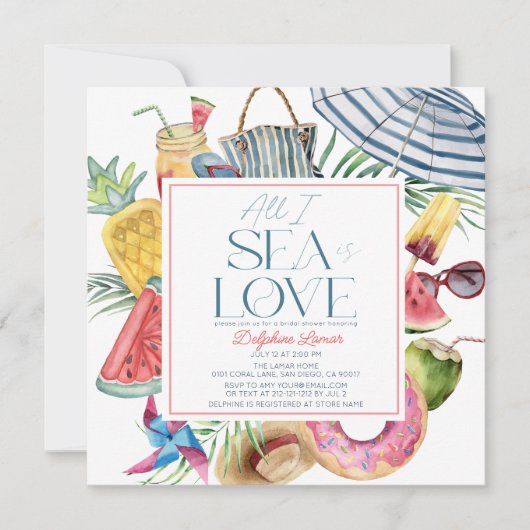 Tropical Beach Gear Umbrella Bridal Shower 招待状 (正面)