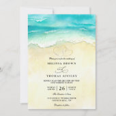 Tropical Beach Heart Watercolor QR Code Wedding 招待状 (正面)