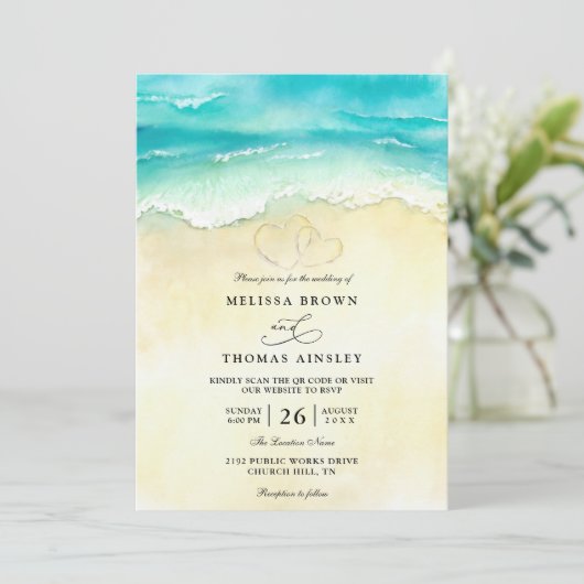 Tropical Beach Heart Watercolor QR Code Wedding 招待状 (スタンド正面)