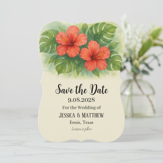 Tropical Beach Hibiscus Flowers Wedding 招待状 (スタンド正面)