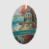 Tropical Beach House Turquoise Pink Name Christmas オーナメント (正面)