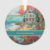 Tropical Beach House Turquoise Pink Name Christmas オーナメント (裏面)