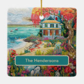 Tropical Beach House Turquoise Pink Name Christmas セラミックオーナメント (裏面)