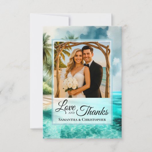 Tropical Beach Love & Thanks Photo & Note Wedding サンキューカード (正面)
