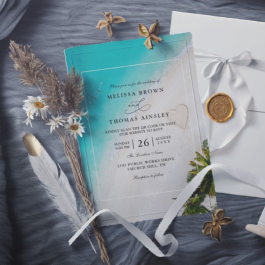 Tropical Beach Monogram Modern QR Code Wedding 招待状